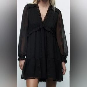 ZARA NWOT MINI BABYDOLL BLACK DRESS, SHEER FABRIC Lined Romantic Whimsy Goth